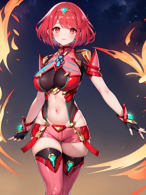 pyra \(xenoblade\), young_teen_1girl, armor, bangs, black gloves, breasts, red eyes, closed mouth, earrings, eyelashes, fingerle...