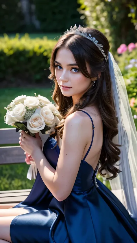 Realistic full body photo one brunette 20 years old flower girl with long hair, craying tears. She dances in front of the camera in a long A-line dress with straps made of shiny darkblue satin.., Park,glamour fotoshooting, Wedding celebration, perfect anat...