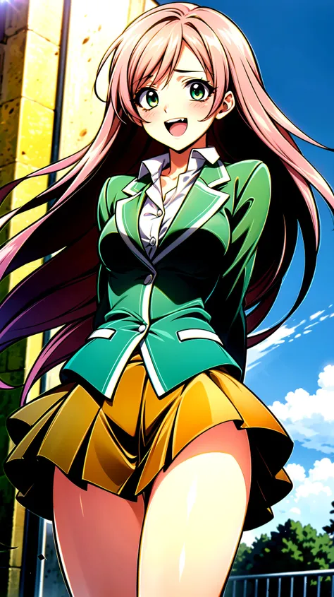 （（super high quality,））（（Ultra-high resolution,））（16K,）（super masterpiece,）（（Ultra HD ,））（Detailed shading,）Angle from below,One sexy schoolgirl,（（Pink long hair,））One long stray hair from the top of the head,Green blazer,（popped Tight collar White shirts,...