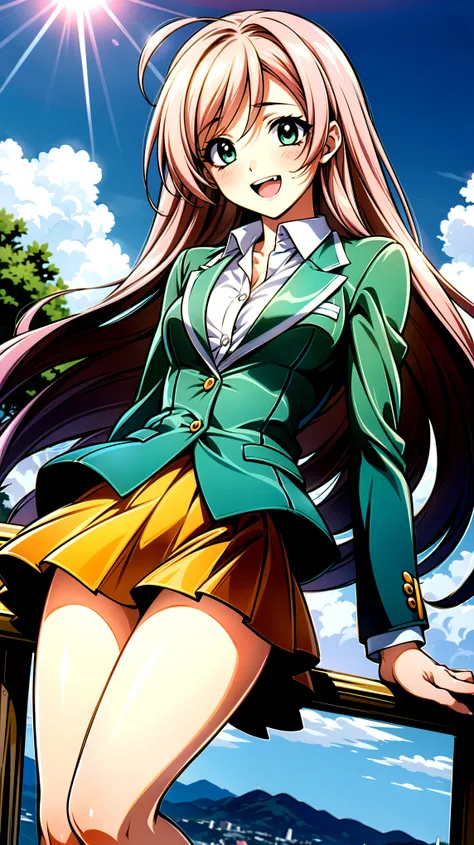 （（super high quality,））（（Ultra-high resolution,））（16K,）（super masterpiece,）（（Ultra HD ,））（Detailed shading,）Angle from below,One sexy schoolgirl,（（Pink long hair,））One long stray hair from the top of the head,Green blazer,（popped Tight collar White shirts,...