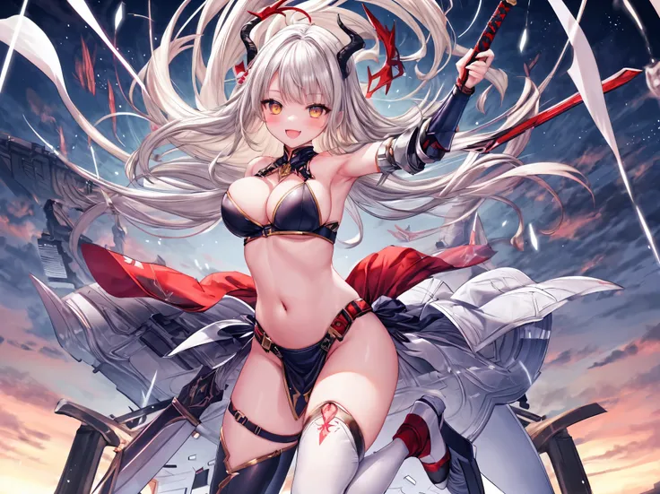 fantasy, 1devil_girl, low_teen, platina_blond_hair,long_bangs, bare_shoulder, navel out, thighhighs,silver_armor, red_wears,waist_armor, Glebe, hold_swords, large_tits, dynamic_floating_pose,Floating,(pelvic_curtain:1.3), silver_Headgear ,looking_down_at_s...