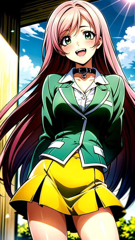 （（super high quality,））（（Ultra-high resolution,））（16K,）（super masterpiece,）（（Ultra HD ,））（Detailed shading,）Angle from below,One sexy schoolgirl,（（Pink long hair,））One long stray hair from the top of the head,Green blazer,（popped Tight collar White shirts,...