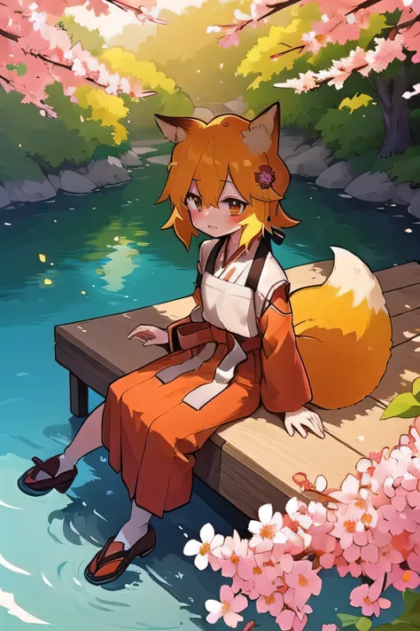 masterpiece, best quality, highly detailed, sen, animal ears, fox ears, fox girl, fox tail, hair flower, hair ornament, orange eyes, orange hair, short hair, tail, blush, looking at viewer, petite, brown shoes, girl, kimono, Japanese clothing, sleeves with...