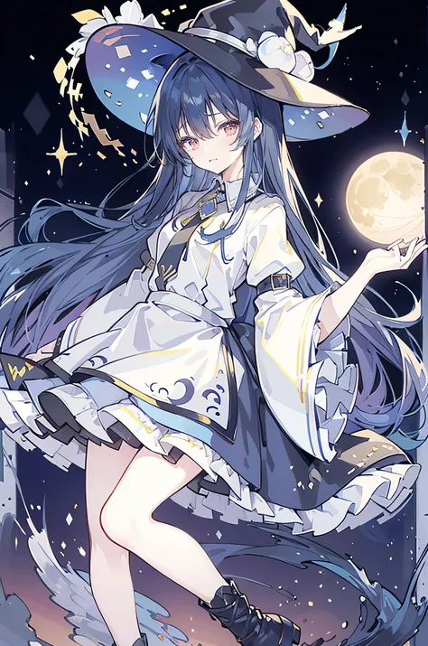 oung Girls,Humanity,A magician always smiles,big witch hat,cute,dark blue long hair,The eyes are dull,The bangs are heavy,Thin eyebrows,fantasy,intake,Double teeth,Star Theme,Constellation pattern,Solid color clothetal decoration,cloak,A bit of a dark atmo...