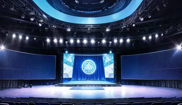 A modern stage in blue with a big screen 