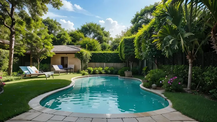 A beautiful, well-maintained garden with lush green grass, colorful flowers, and a few trees providing shade. The garden includes a swimming pool with crystal-clear water, surrounded by lounge chairs and a small table for refreshments. There might be a bar...