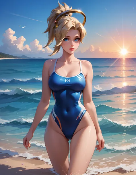 score_9, score_8_up, score_7_up, score_6_up, cinematic film still, solo, 1girl, BREAK mrcy, short hair, high ponytail, halo, cute swimsuit, walking on beach, extreme close-up, graceful, beautiful scene, sunrise, lens flare, highly detailed, detailed face, ...