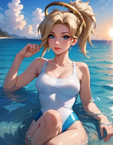 score_9, score_8_up, score_7_up, score_6_up, cinematic film still, solo, 1girl, BREAK mrcy, short hair, high ponytail, halo, cute swimsuit, BREAK beach, laying in shallow water, submerged, looking at viewer, POV, extreme close-up, BREAK beautiful scene, su...