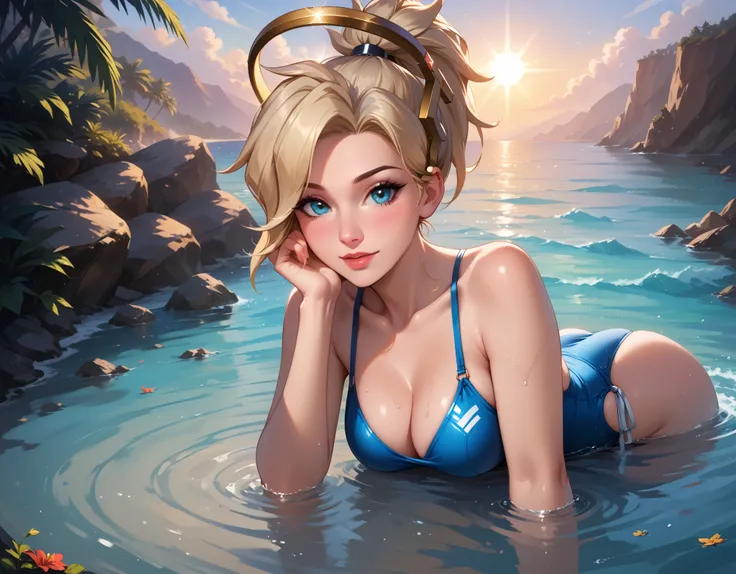 score_9, score_8_up, score_7_up, score_6_up, cinematic film still, solo, 1girl, BREAK mrcy, short hair, high ponytail, halo, cute swimsuit, BREAK beach, laying on stomach in shallow water, submerged, looking at viewer, cleavage, POV, close-up, face focus, ...