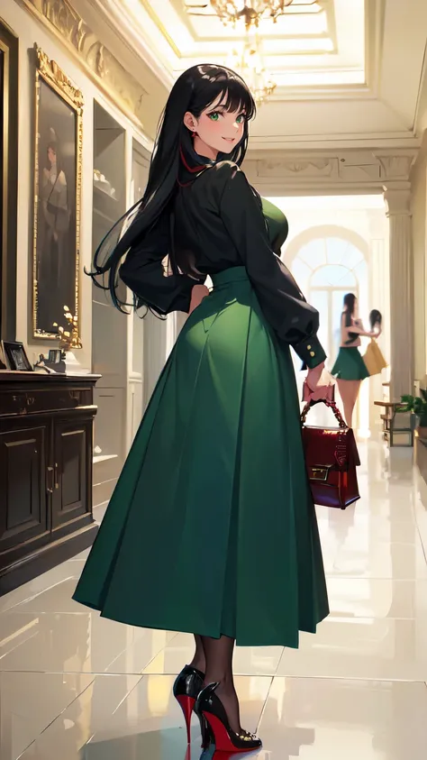 ((masterpiece, high resolution, better quality, better details)), ((Smiling)), ((one girl)) a girl standing, full body, maxi green skirt, blouse,((louboutin high heels)), green eyes , ((black hair, long hair)), shiny skin, ((behind view)), solo, from behin...