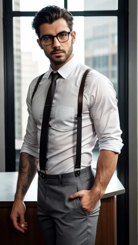 fully body, homem brasileiro charming, discreet gray frame glasses, white button-down shirt unbuttoned at the neck, shirt sleeves rolled up on the arm, ((loose suspenders, Fallen)) , dark brown leather dress shoes,  dress pants, seducing gaze, short beard,...