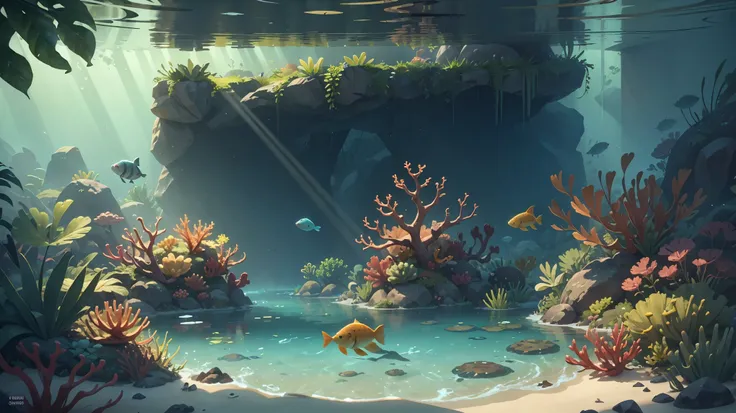 Underwater game scene with fish and coral, Sunlight filtering through the water creates a sense of tranquility, Unreal Engine 5, Game Style, best quality, masterpiece,(((No fish appear)))
