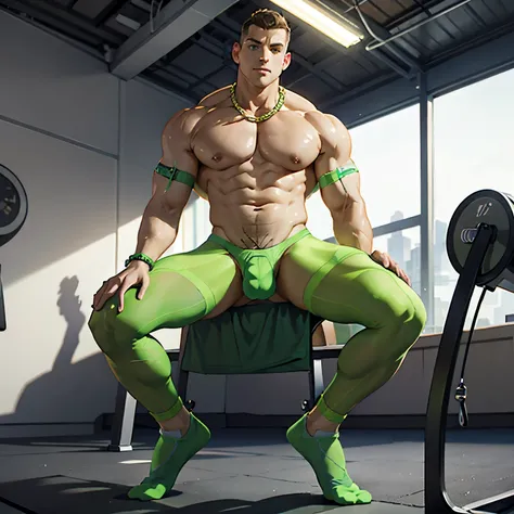 full view, full body, one handsome young artificially tanned white bald over-muscular man in neon-green nylon socks, shirtless wearing neon-green lycra leggings and neon-green sheer socks, no shoes, gold chains, bracelets, rings, arrogantly sitting on benc...