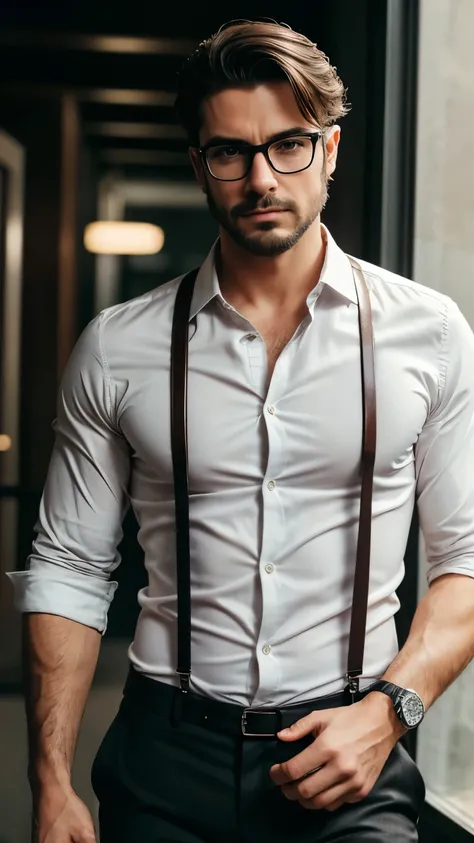 fully body, homem brasileiro charming, discreet gray frame glasses, white button-down shirt unbuttoned at the neck, shirt sleeves rolled up on the arm, taking off the suspenders,  loose, Fallen , dark brown leather dress shoes,  dress pants, seducing gaze,...