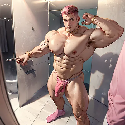 full view full body, one tall musclebound white european red-haired bodybuilder gay effeminate boy with clean shaved undercut haircut. Huge over-sized biceps. Standing in a bathroom in front of the shower. Handsome. Massive muscles. Arm lifted to show peak...