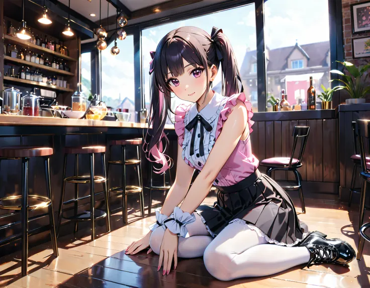 (((blouse pink blouse))), (frilled shirt with black ribbon and lot of frills), (cute lace-up pleated skirt with ruffles:1.2), (lace-up skirt, skirt black skirt:1.2), jirai kei costume, sit down, chin resting on hand, head tilt, anime girl, teen girl, cute,...