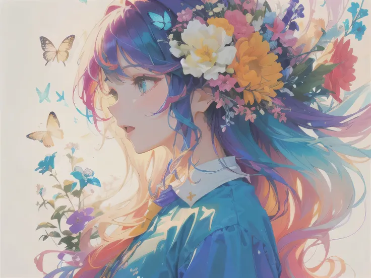 Vibrant, colorful artwork featuring a long-haired person, Flowing, multi-colored hair decorated with a variety of vibrant flowers. The person is wearing a blue shirt with a white collar, The background features colorful plants and butterflies., Create a wh...