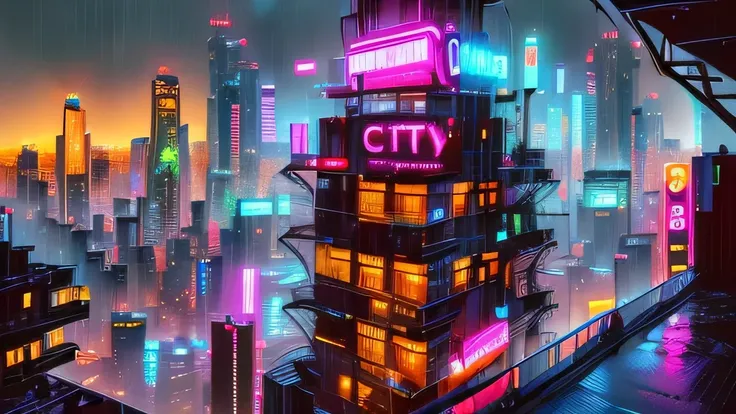 Glowing neon signs, City Nightlife, tall building, rainy atmosphere, It&#39;s foggy and wet, Cyberpunk aesthetic, Dense urban landscape, reflections on wet surfaces, Brightly colored light, Futuristic Architecture, Cloudy, Gloomy Dusk, Bustling and lively,...