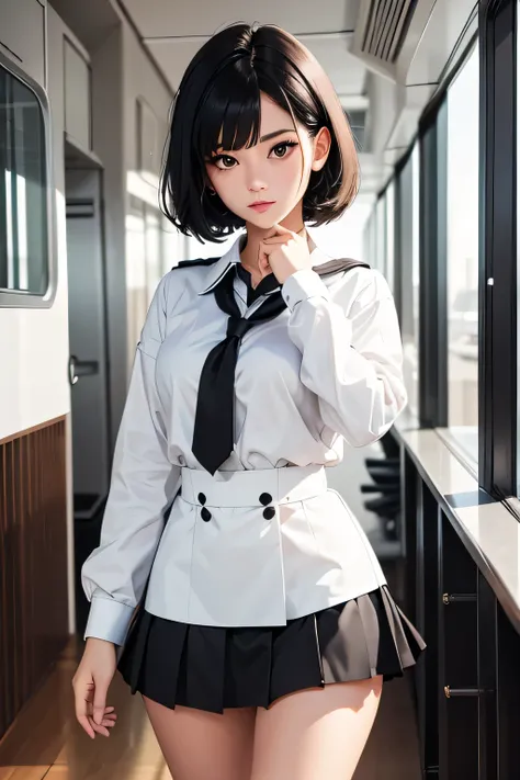 1 with short black hair, black eyes, white student uniform, black short skirt