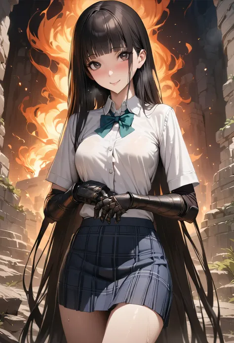 Fantasy art、((masterpiece,best quality anime,Highest quality:1.3)),realistic,portrait,cowboy shot,1woman,(Mature Beauty),((very small head:1.4)),((very long body:1.3)),long hair,black hair,bangs,(gorgeous big eyes),black eyes,smile,((slender body:1.3,skinn...