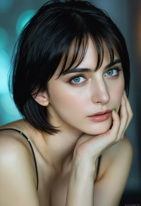 a with pale skin and short hair, straight black hair. stunning, iridescent eyes, with an intense and mysterious look. wearing co...