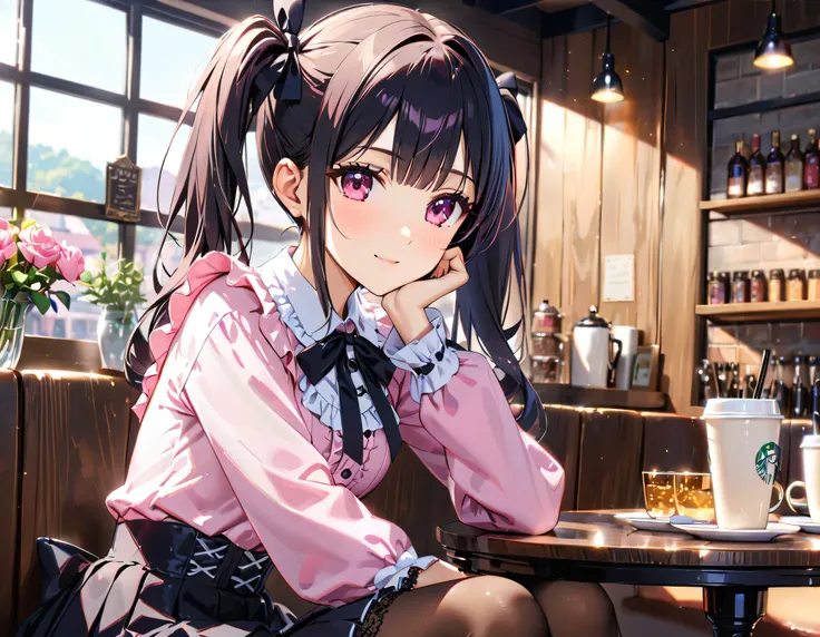 (((blouse pink blouse))), (frilled shirt with black ribbon and lot of frills), (cute lace-up pleated skirt with ruffles:1.2), (lace-up skirt, skirt black skirt:1.2), jirai kei costume, sit down, chin resting on hand, head tilt, anime girl, teen girl, cute,...