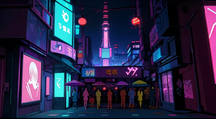 an urban street comes alive at dusk in a japanese cyberpunk setting, lit by colorful neon lights and floating holograms. futuris...