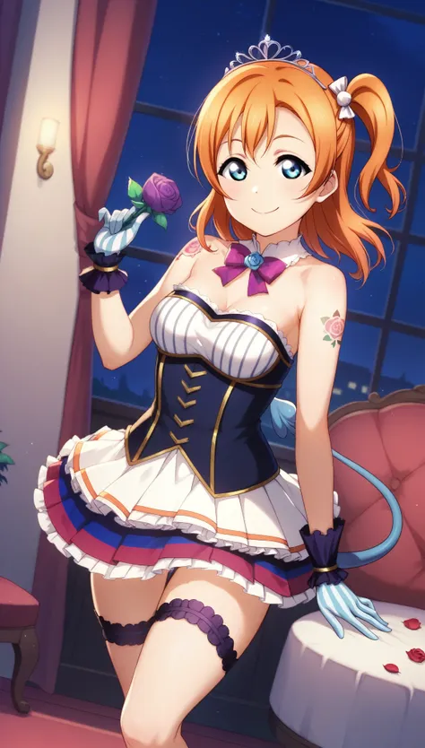 kousaka honoka love live,blue eyes ,orange hair ,pleated skirt ,side ponytail ,purple rose ,ribbon ,rose ,shoulder tattoo ,stand...