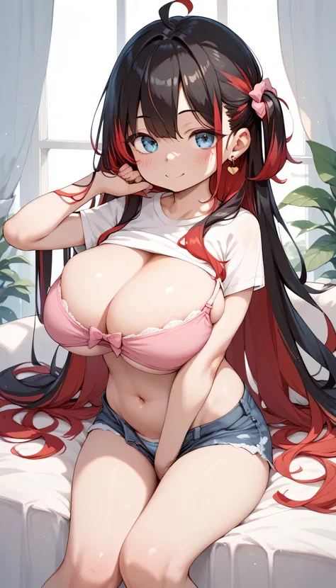 little_girl,cute_loli_, blue eyes,_oppai_loli_,very long hair, long black hair, red hair, multicolored hair, sexy, a sexy way,_gigantic_breasts_, 