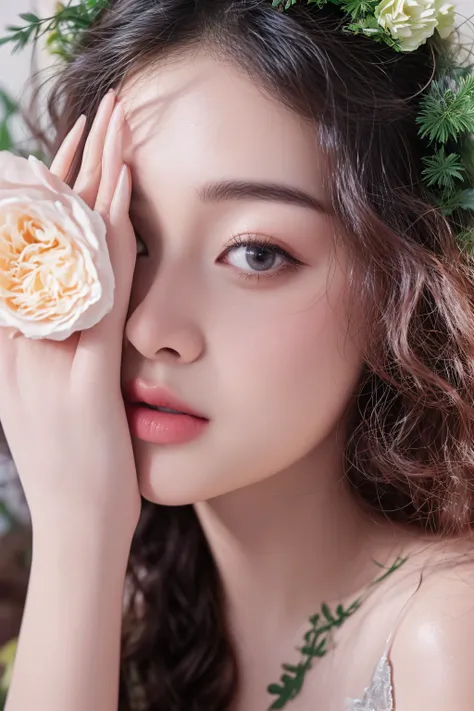 curly hair, floral hair accessories, bare shoulders, tattoo on upper arm, rosy skin tone, indoor setting, soft-focus, natural lighting, romantic and fresh atmosphere, close-up shot, shallow depth of field with blurred background