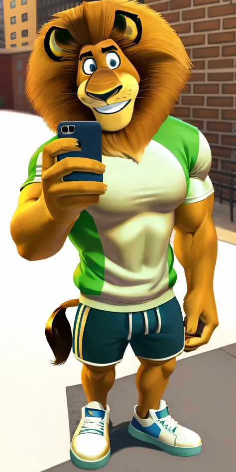 Alex the Lion, muscular body, big biceps, extremely beautiful and cute face, wears white t-shirt, green varsity jacket, elongated shorts, blue sneakers, streets background, selfie, friendly look, cute smile