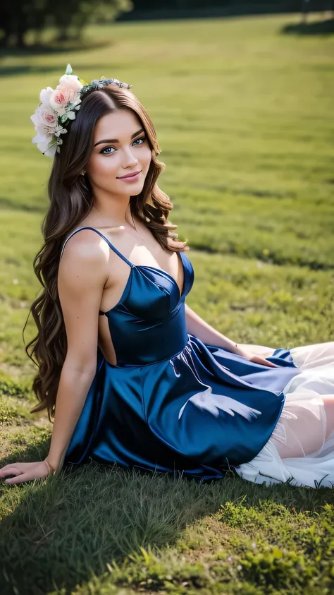 Realistic full body photo of brunette haired flower girls aged 23 with long hair, smile. She dances in front of the camera in a long A-line dress with straps made of shiny darkblue satin.., Park,glamour fotoshooting, Wedding celebration, perfect anatomy, p...