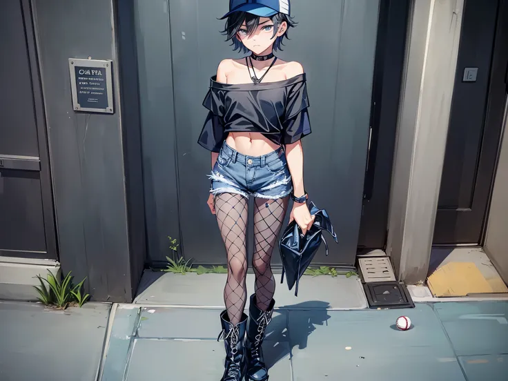 Inside the street,one boy,fem boy,black short hair,slender body,((full body)),((flat chest)),displeased,sulky,((baseball cap)),((blue off-shoulder shirt)),(denim micro shorts),((fishnet pantyhose)),((boots)).