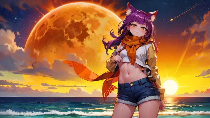 photorealistic, 1girl, saturated violet hair, orange fox ears (1.7), flat chest (1.7), puffed out her cheeks, saturated glowing bright orange eyes, cat-like pupils (2), sandy beach, denim shorts, sweater, narrow waist (2), happy eyes, cutely holds,flirts(1...