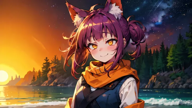 photorealistic, 1girl, saturated violet hair, orange fox ears (1.7), flat chest (1.7), puffed out her cheeks, saturated glowing bright orange eyes, cat-like pupils (2), sandy beach, denim shorts, sweater, narrow waist (2), happy eyes, cutely holds,flirts(1...