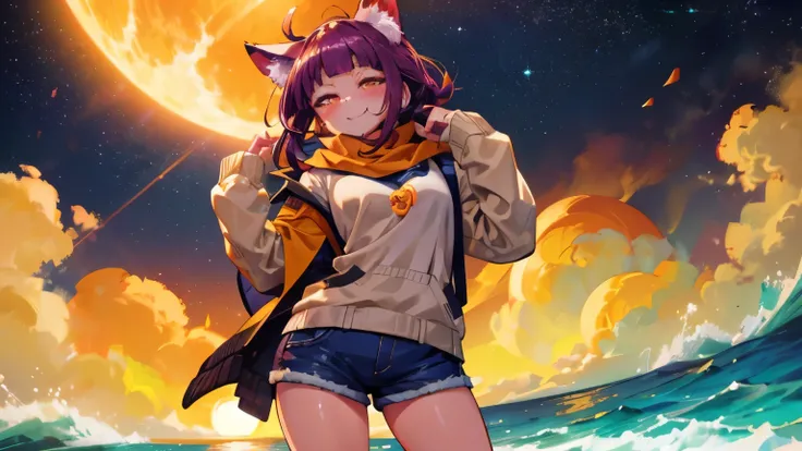 photorealistic, 1girl, saturated violet hair, orange fox ears (1.7), flat chest (1.7), puffed out her cheeks, saturated glowing bright orange eyes, cat-like pupils (2), sandy beach, denim shorts, sweater, narrow waist (2), happy eyes, cutely holds,flirts(1...