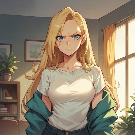 a long blonde hair, blue eye female in her early 20s is standing in a living room, she looks angry at you. she has regular clothes on