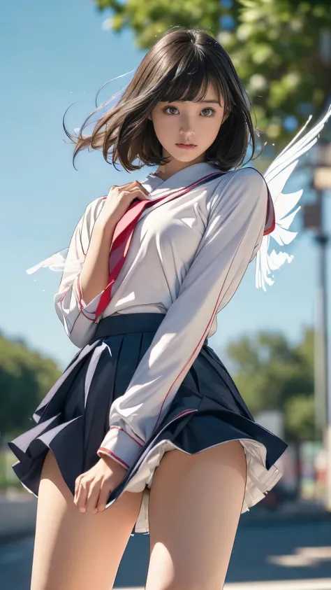 (((Innocent and cute junior high school student))), (A strong wind makes her skirt flutter:1.4), ((I can see your underwear:1.3)), Beautiful bob cut, Immersion, Beautiful Eyes, Ultra-high resolution, ((Thin thighs, Inner thigh)), Slender body line, ((Tight...