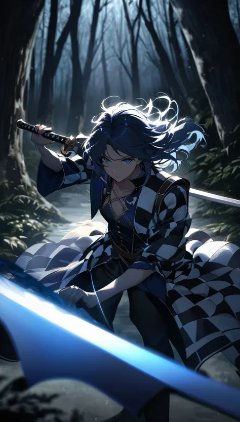 hair: Short, disheveled, Dark Blue clothing: blue and white checkered coat, dark uniform with buttons, leather strap across the chest accessories: sword with an intricate hilt, glowing blue light, coming from the sword pose: holding a sword in one hand, th...