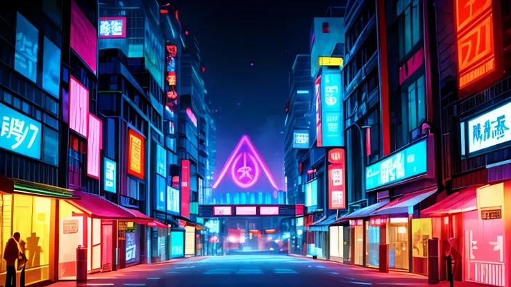 an urban street comes alive at dusk in a japanese cyberpunk setting, lit by colorful neon lights and floating holograms. futuris...