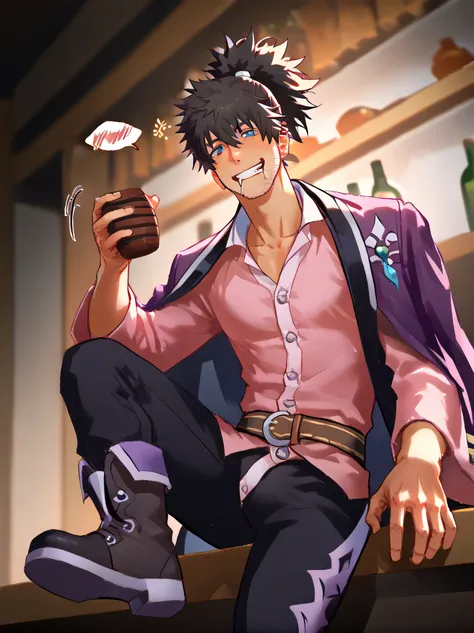 score_9, score_8_up, score_7_up, score_6_up, rating explicit, focus male, source anime, yaoi, cowboy shot, low angle, cinematic angle, motion lines, motion blur, spoken, sfx, corobun, tales of (series), tales of vesperia, raven (tales):1.2, 1boy, ankle boo...