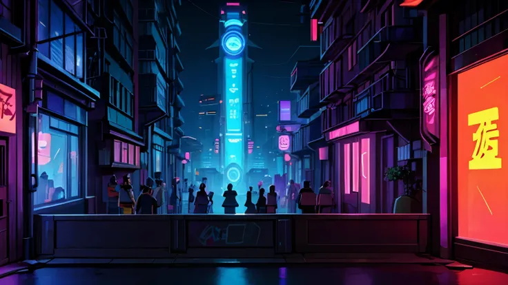 an urban street comes alive at dusk in a japanese cyberpunk setting, lit by colorful neon lights and floating holograms. futuris...