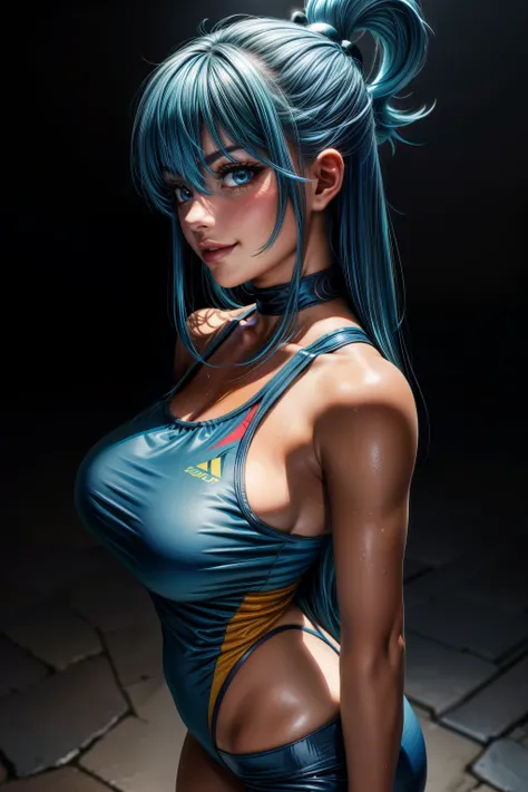 Aqua, (blue hair:1.4), (blue eyes:1.5), long hair, (medium breasts:1.2), thicc thighs, curvy hips, tanlines,one-piece tan, swimtan,
BREAK, bike shorts, sports top,
BREAK looking at viewer, night, (sweaty body), ((smirk:1.4)), (sweaty:1.3), (from below), (f...