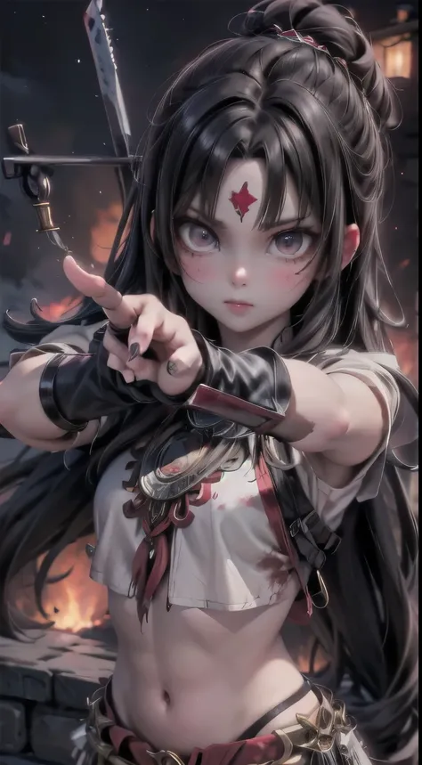 an aztec warrior girl with a holding an absidian dager, blood stains, ASSASSIN pose, dynamic angle, night scene, fire at background