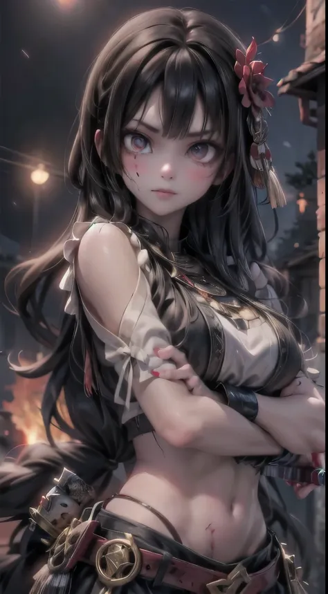 an aztec warrior girl with a holding an absidian dager, blood stains, blood stains on body, blood stains on face, ASSASSIN pose, dynamic angle, night scene, fire at background