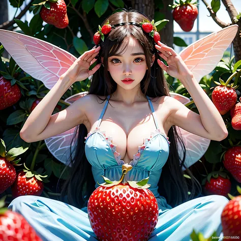 A cute and sexy strawberry fairy、two fairies、Fairy Sisters、(Beautifully grown, super large, delicious looking strawberries)、Giant strawberry is the size of a fairy&#39;s head、(Perfect Anatomy)、Beautiful Eyes、Beautiful and well-proportioned face、(best quali...