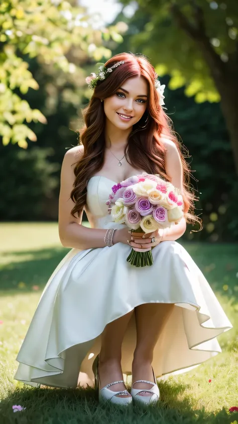 Realistic full body photo of red haired flower girls aged 23 with long hair, smile. She dances in front of the camera in a short A-line dress with straps made of shiny darkgreen satin.., Park,glamour fotoshooting, Wedding celebration, perfect anatomy, perf...