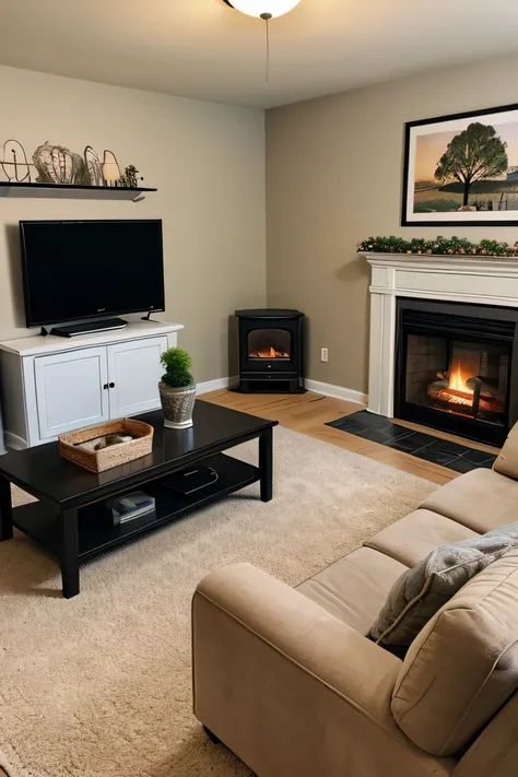 photorealistic southern california living room. couch, big screen tv. stand lamp, wall stove. photo frame, akeeping black small dog, small tree