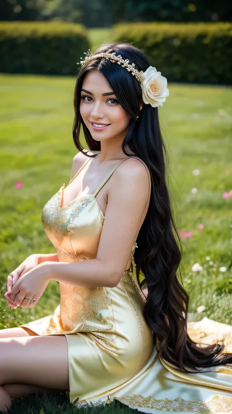 Realistic full body photo of black haired flower girls aged 23 with long hair, smile. She dances in front of the camera in a short A-line dress with straps made of shiny gold satin.., Park,glamour fotoshooting, Wedding celebration, perfect anatomy, perfect...