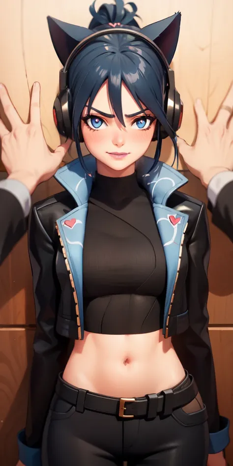 1girl, heart-shaped pupils, heart-shaped_pupils, blue hair, ponytail, short hair, blue eyes, eyeshadow, (blush:1.1),upper body,heart, arms behind back, (speed lines:1.1),medium breasts, love, heart, black jacket, jacket crop top, navel, cat ears headphones...